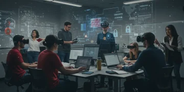 Students and educators learning cybersecurity skills in a modern US classroom.