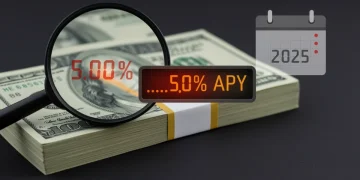 Close-up of dollar bills with 5.00% APY display, representing high-yield savings accounts in 2025.
