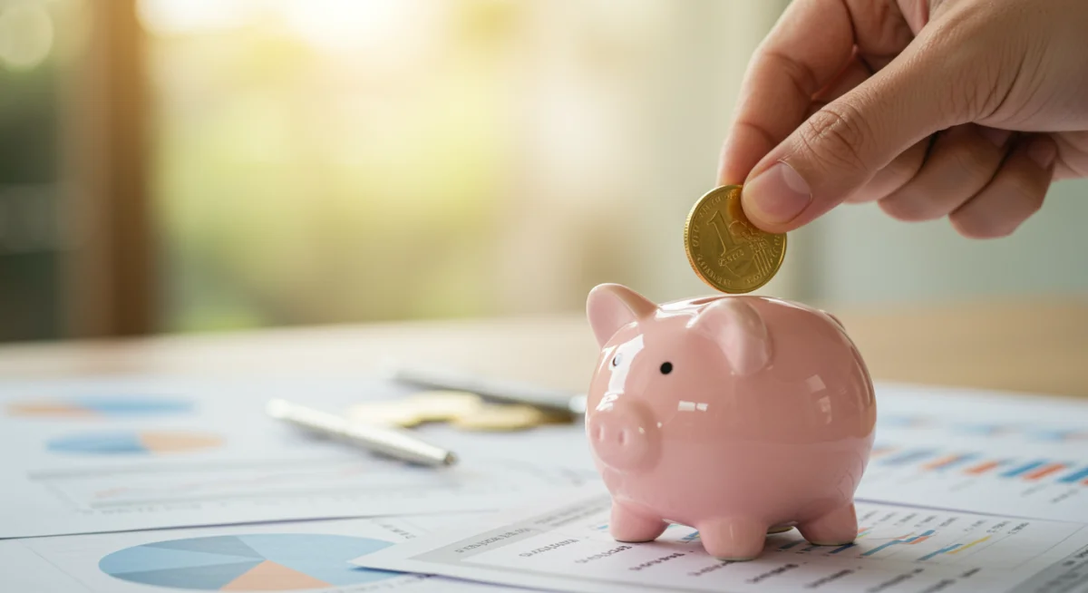 Hand putting coin into piggy bank, symbolizing retirement savings