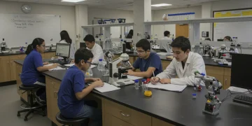 Students engaged in hands-on STEM activities in a modern lab
