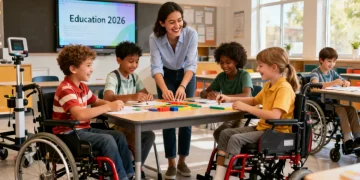 Diverse students and teacher in an inclusive special education classroom 2026