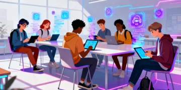 Students interacting with AI-powered learning tools in a modern university classroom.