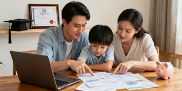 Family planning college savings with laptop and financial documents