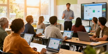 Adults learning new digital skills in a modern training center, symbolizing federal workforce development.