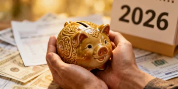 Hands holding piggy bank with 2026 calendar, symbolizing IRA retirement savings.