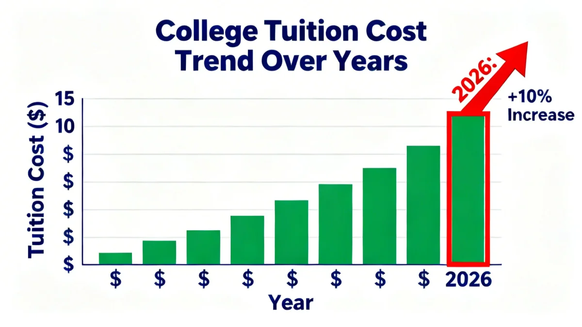 Infographic depicting rising college tuition costs, 10% increase in 2026