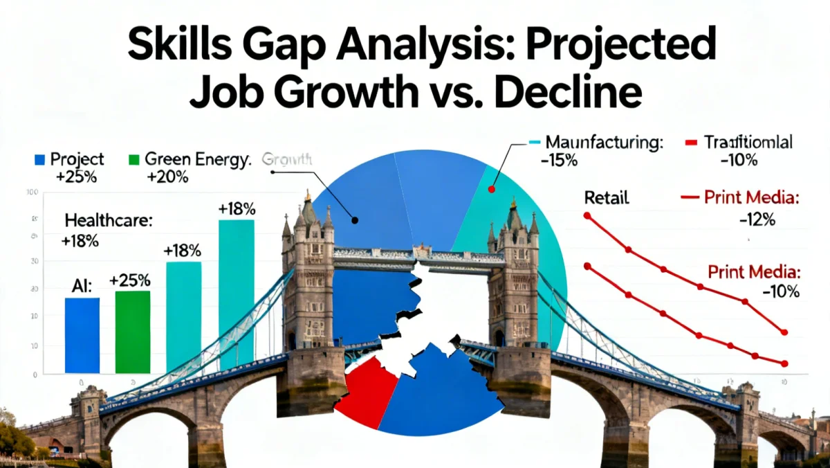 Infographic showing skills gap and job market trends in 2026, highlighting growth in technology and green jobs.