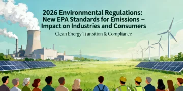 Factory with clean emissions, solar panels, wind turbines, and diverse people symbolizing 2026 EPA environmental regulations.