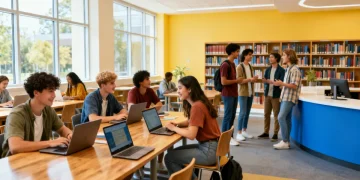College students studying and collaborating in a modern library, symbolizing future educational opportunities.
