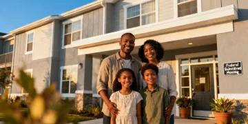 Happy family in front of apartment building, representing secure housing