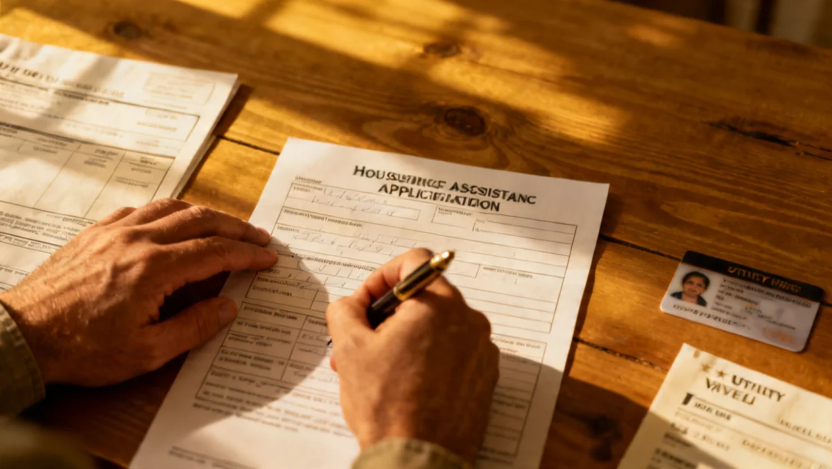 Hands filling out housing assistance application form