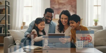 Family reviewing finances on a tablet, symbolizing 2026 EITC benefits