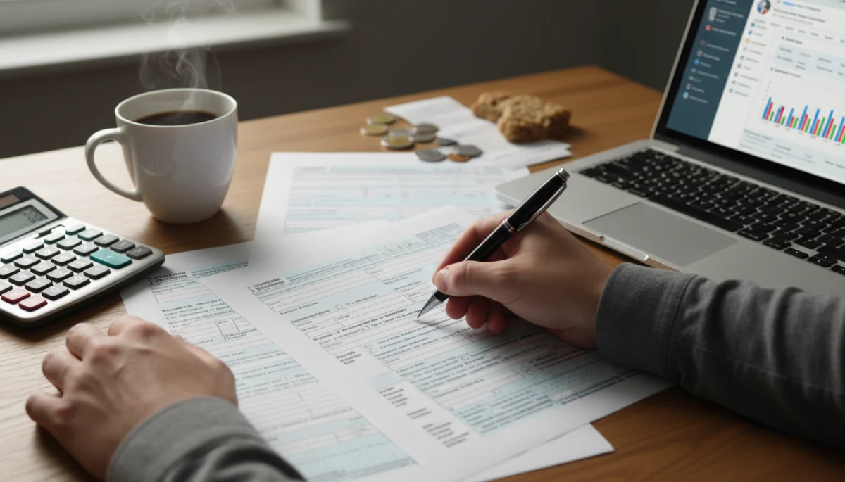 Person meticulously filling out tax forms with a pen and calculator