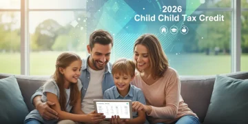 Family reviewing 2026 Child Tax Credit documents on a tablet with smiles