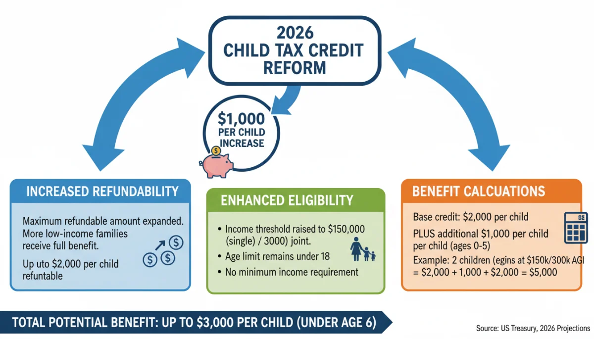 Infographic detailing 2026 Child Tax Credit benefits and eligibility