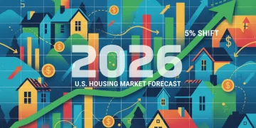Stylized graph illustrating a 5% shift in home values, set against a backdrop of houses and financial indicators, symbolizing the 2026 US housing market forecast.