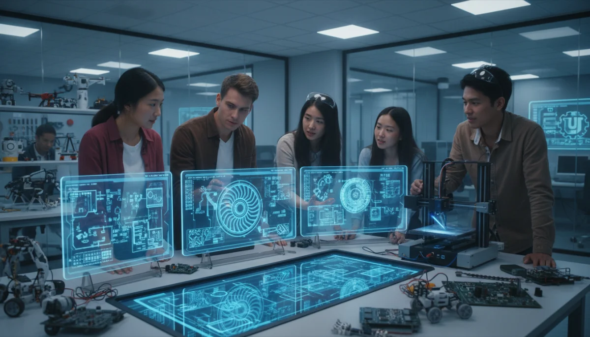 College students collaborating on an advanced engineering project in a modern lab