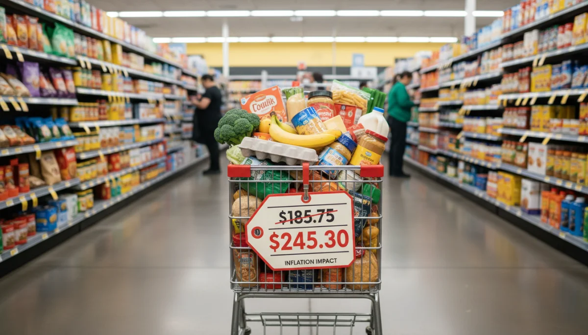 Overfilled shopping cart with high prices, illustrating inflation's impact on groceries