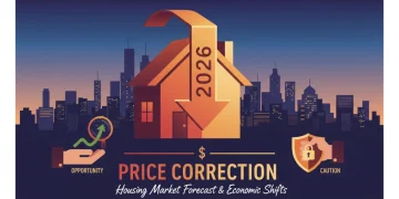 Stylized house with downward arrow, representing 2026 housing market price correction