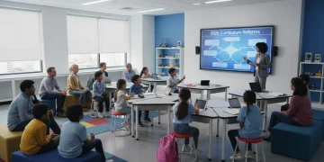 Parents and students discussing 2026 K-12 curriculum reforms in a modern classroom.