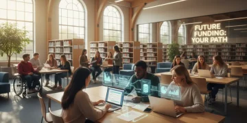College students reviewing financial aid information on laptops and discussing documents in a library.