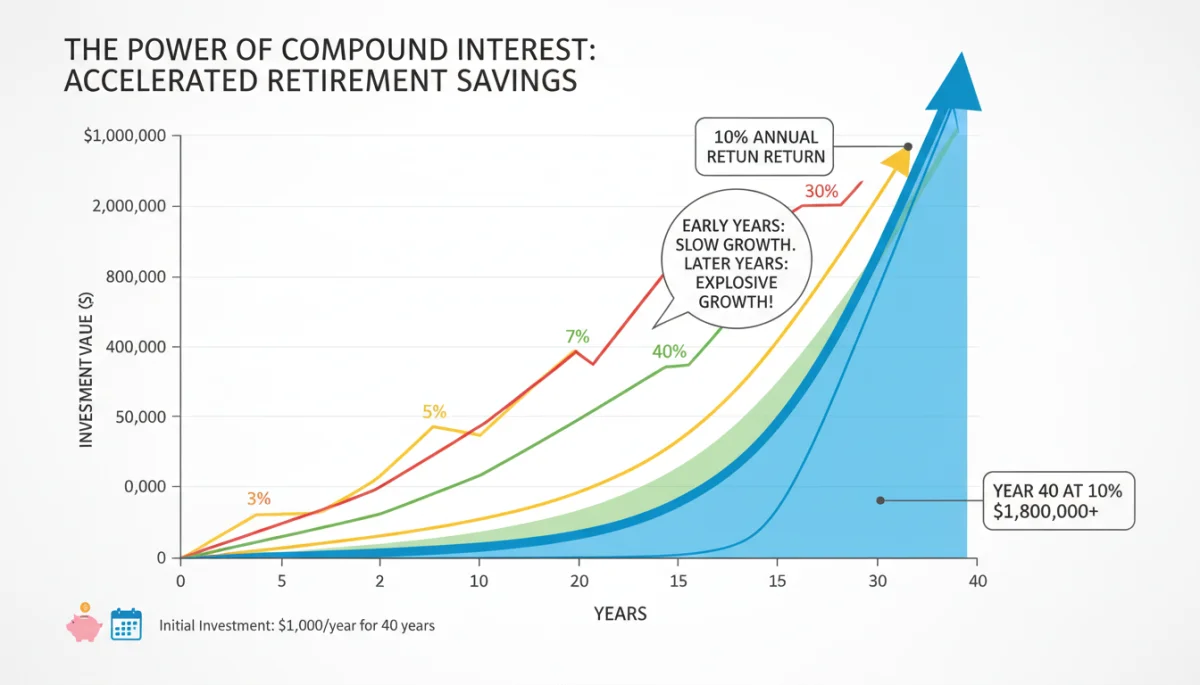 Compound interest growth visualization for 401(k) investments over decades