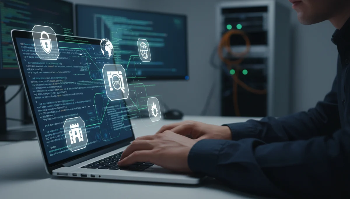 Person typing on a laptop with cybersecurity graphics, representing digital skill acquisition.