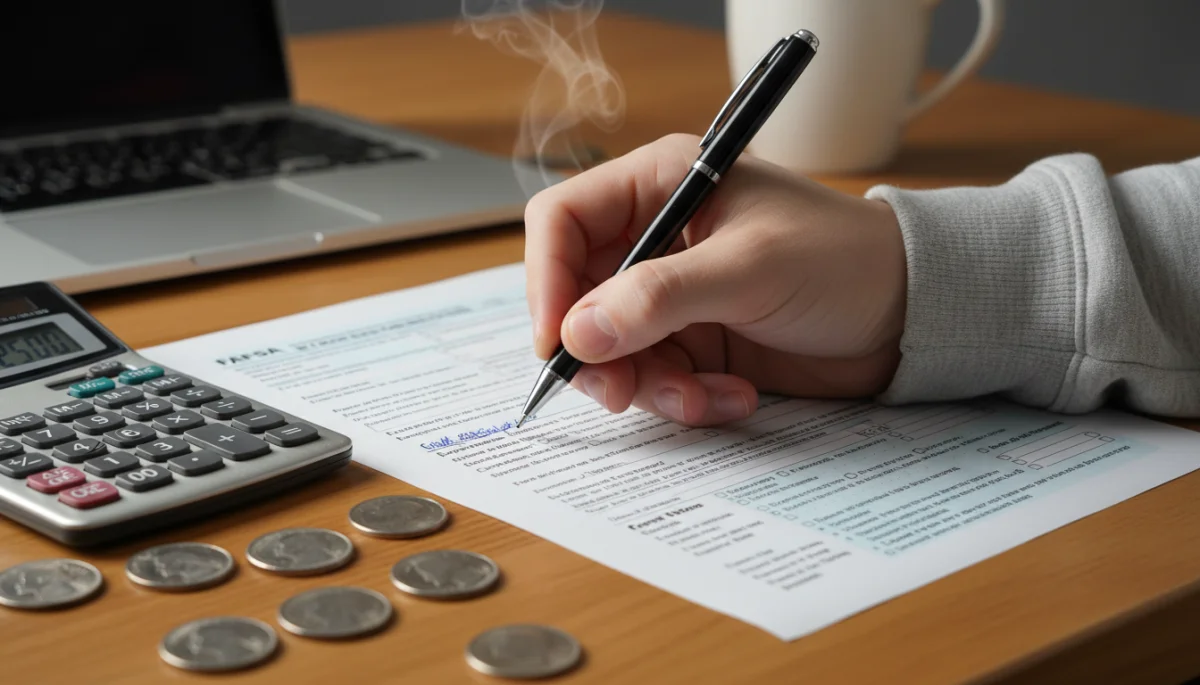 Hand filling out a FAFSA form with a calculator nearby, emphasizing financial aid application details.