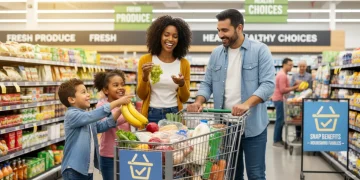 Family happily grocery shopping with full cart