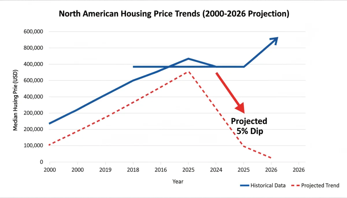 Graph illustrating historical and projected 2026 housing price trends with a 5% correction