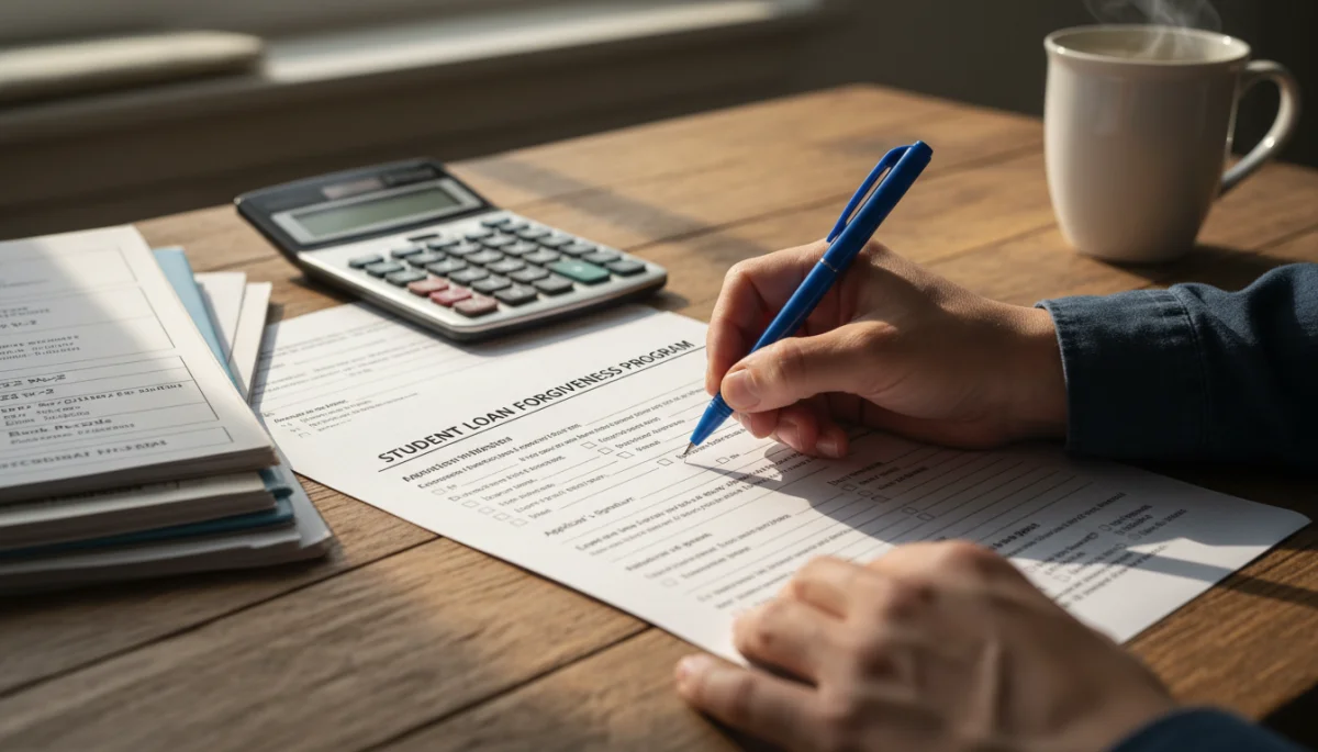 Person meticulously filling out federal student loan forgiveness application