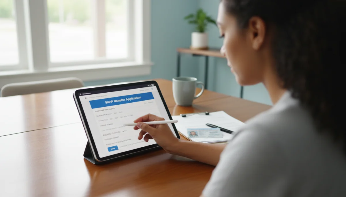Person completing SNAP application form on tablet