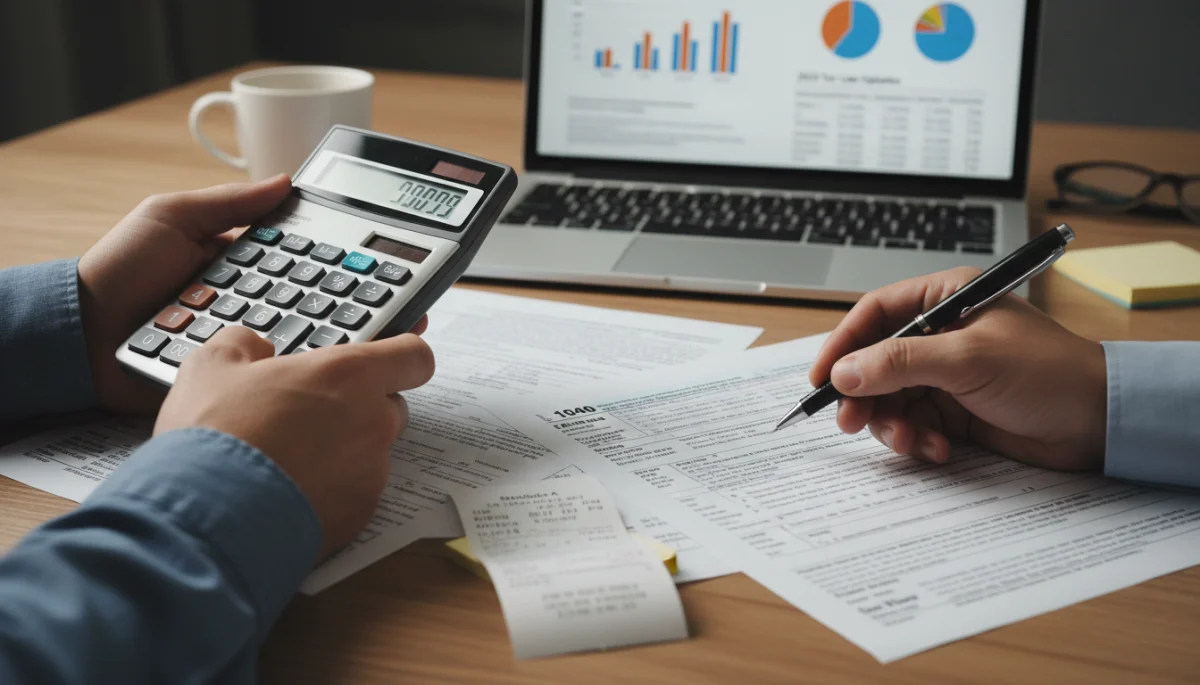 Hands using calculator and pen on tax forms with laptop, symbolizing tax planning and calculations.