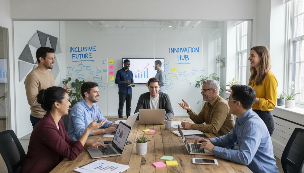 Diverse professionals collaborating in a modern office, symbolizing job market growth