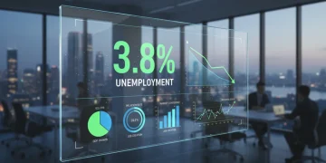 Digital dashboard showing 3.8% unemployment rate with positive economic indicators