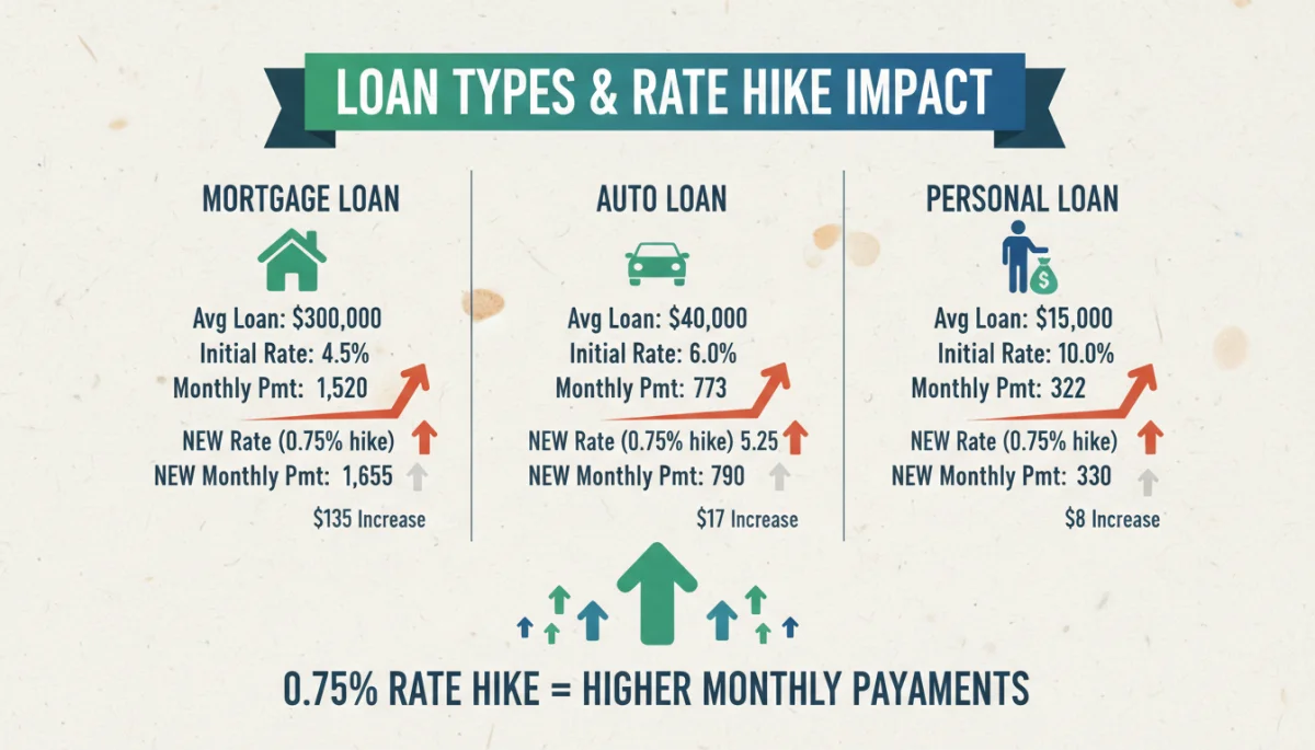 Infographic showing how a 0.75% rate hike affects various loan types and monthly payments.
