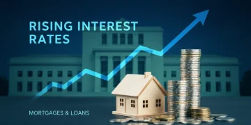 Graph showing rising interest rates with a house and coins, symbolizing Federal Reserve impact on mortgages and loans.